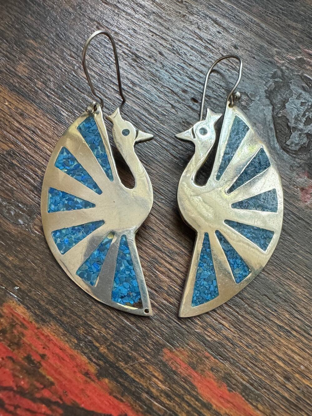 MCM Taxco Sterling Silver Peacock Fan Tail Dangle Turquoise Chip Inlay Earrings